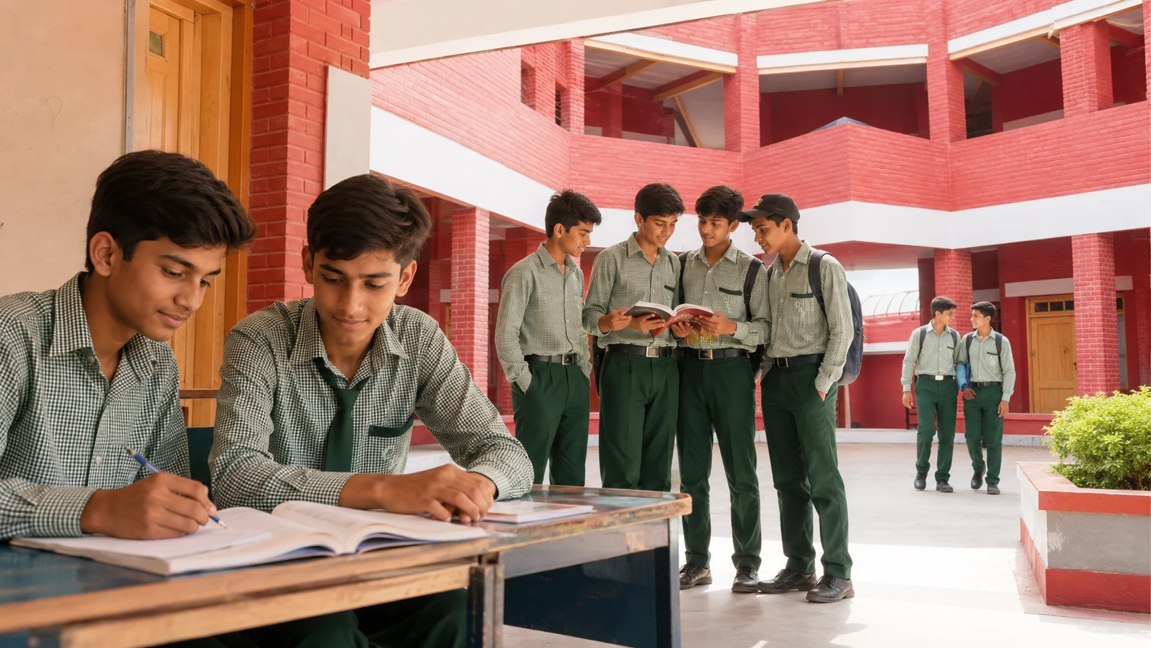 Students studying attentively with books and notebooks at Community Based School Talhar