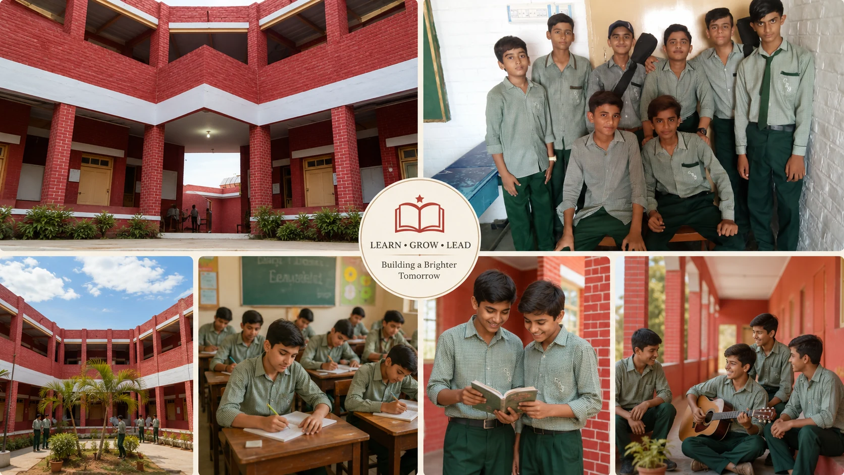 Comprehensive CBS school life collage highlighting academics, arts, music, campus, and the Learn Grow Lead motto