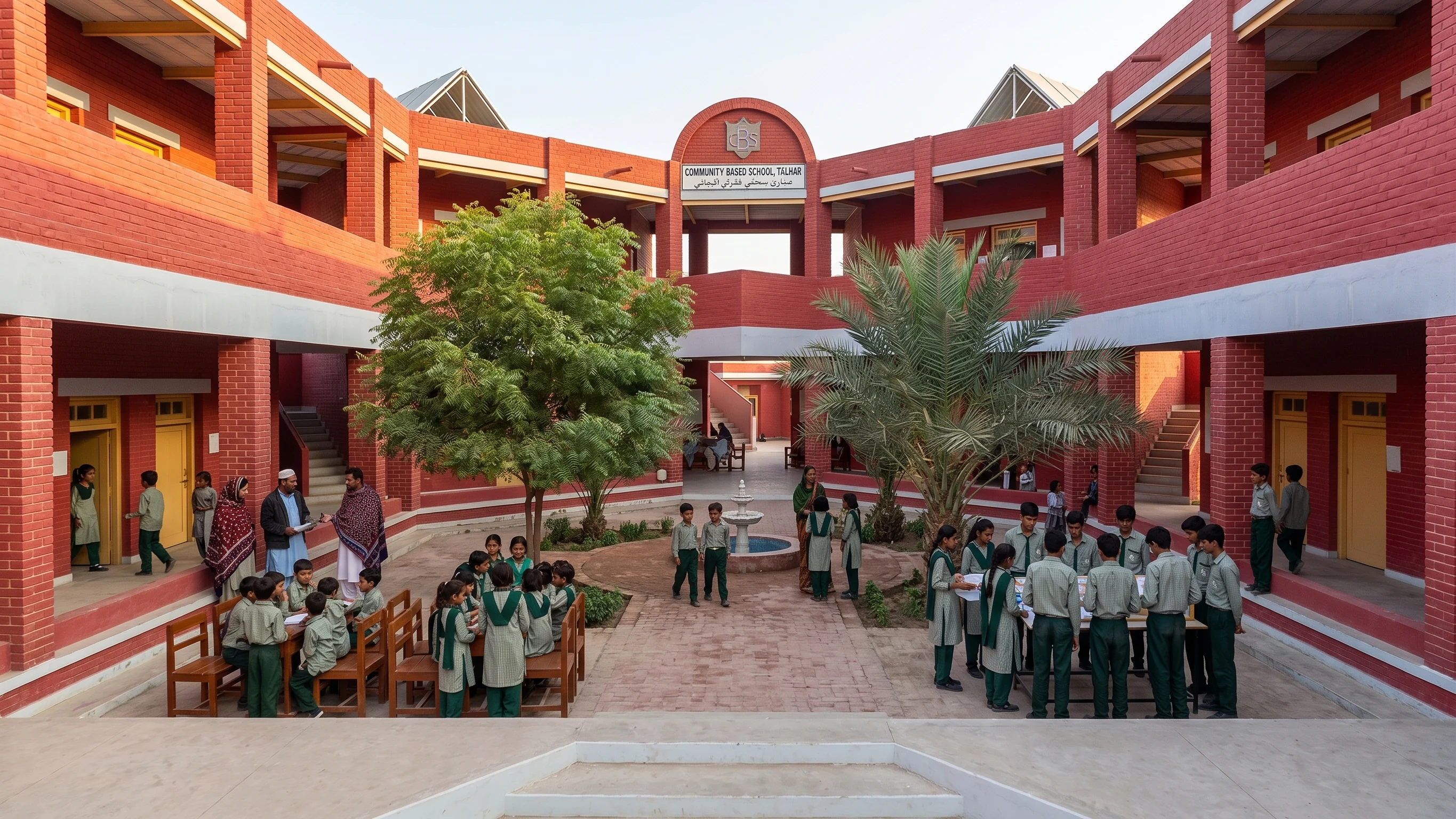 Community Based School Talhar red brick courtyard filled with students and teachers